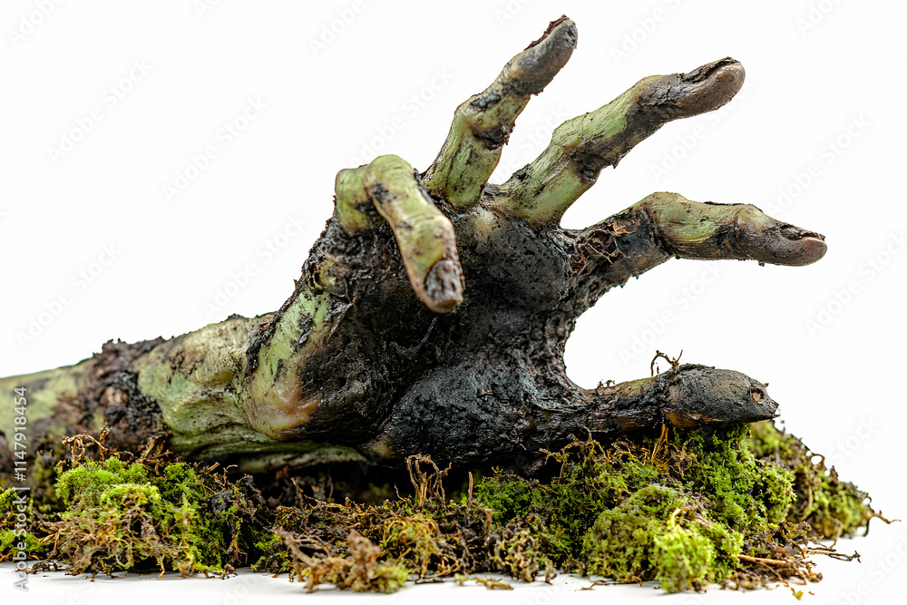 Fototapeta premium Decaying Hand Emerging from Mossy Ground, A Spooky Halloween Illustration