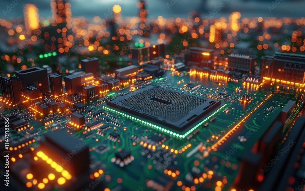 Obraz premium Futuristic city circuit board with central processor.