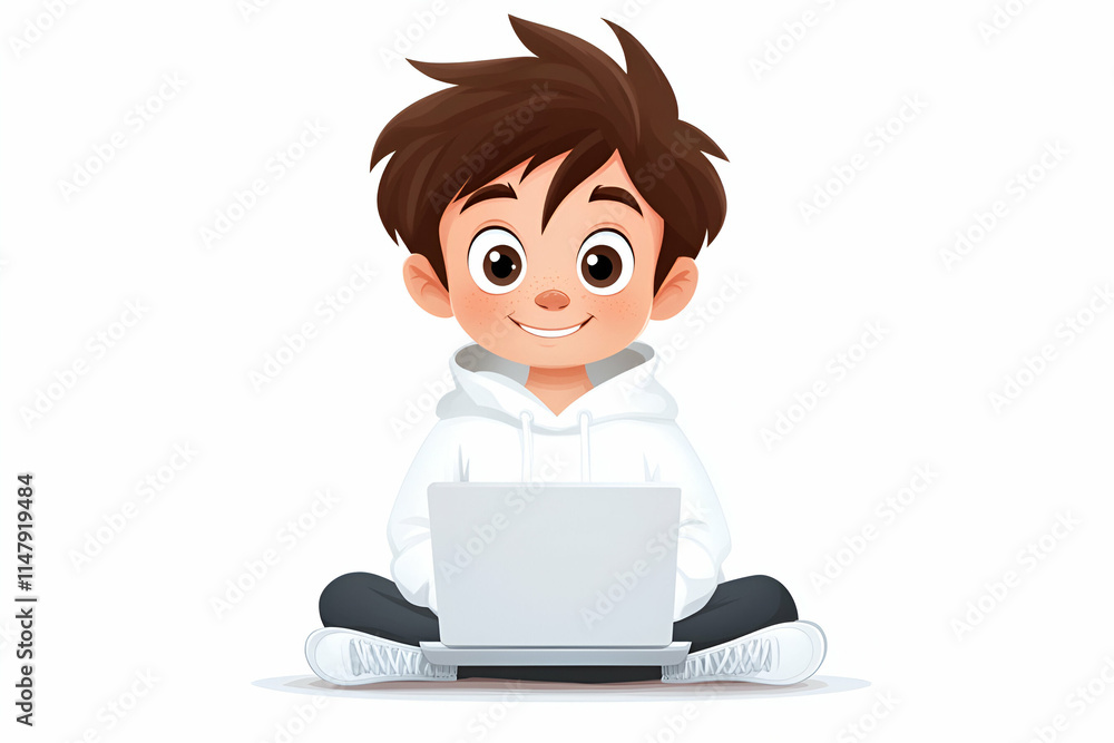 Happy Boy Using Laptop, Digital Learning Illustration Happy Boy Using Laptop, Digital Learning Illustration