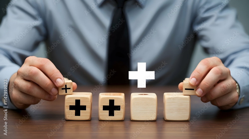 Businessman Adds and Subtracts on Wooden Blocks, Representing Growth and Reduction Businessman Adds and Subtracts on Wooden Blocks, Representing Growth and Reduction