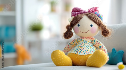 Happy fabric doll with colorful accessories sitting playfully in a bright room