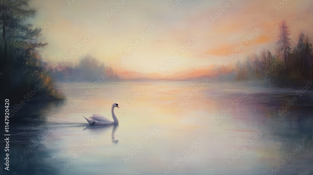 Fototapeta premium Serene Swan at Sunset on a Calm Lake