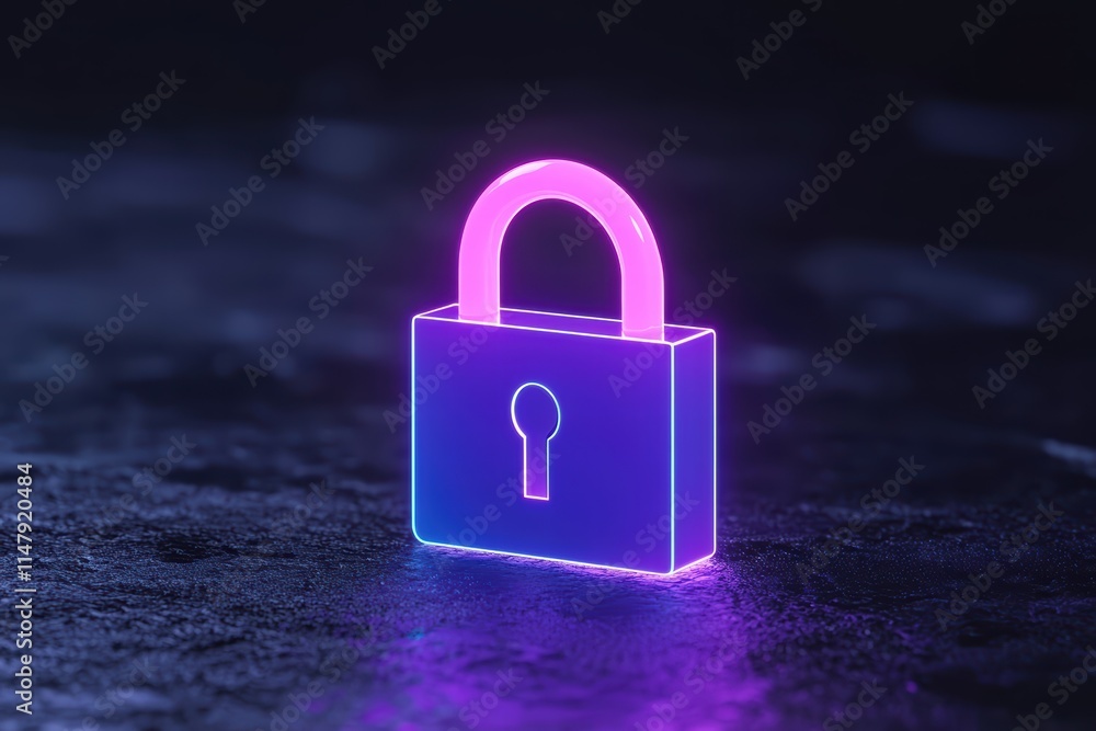 Fototapeta premium Neon Lock Icon with Glow Effect on Dark Background, Security Concept