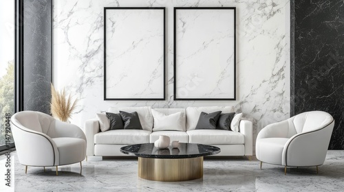 Mockup luxury modern living room interior with white sofa and coffee table armchairs on marble wall background with frames mock up photo