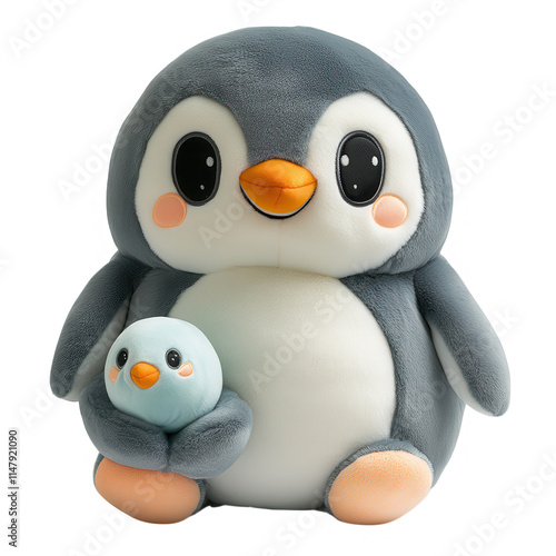 Soft light blue stuffed penguin toy in soft light blue sweater, holding small light blue egg, transparent PNG for children's product promotion