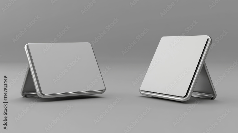 Table card holder, empty name plate. Vector realistic mockup of metal stand for identification tag for events front and angle view, steel frame for nameplate isolated on gray background Table card holder, empty name plate. Vector realistic mockup of metal stand for identification tag for events front and angle view, steel frame for nameplate isolated on gray background