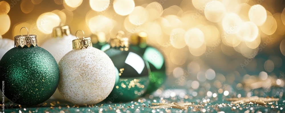 Fototapeta premium Christmas ornaments, green and white baubles, festive decoration, golden stars background, holiday spirit, seasonal celebration, winter theme, elegant design, celebration setup, fun colors