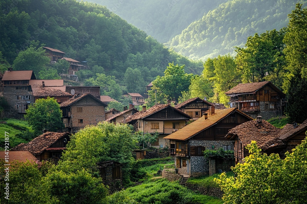 custom made wallpaper toronto digitalPicturesque mountain village nestled amongst lush green hillsides and forests.