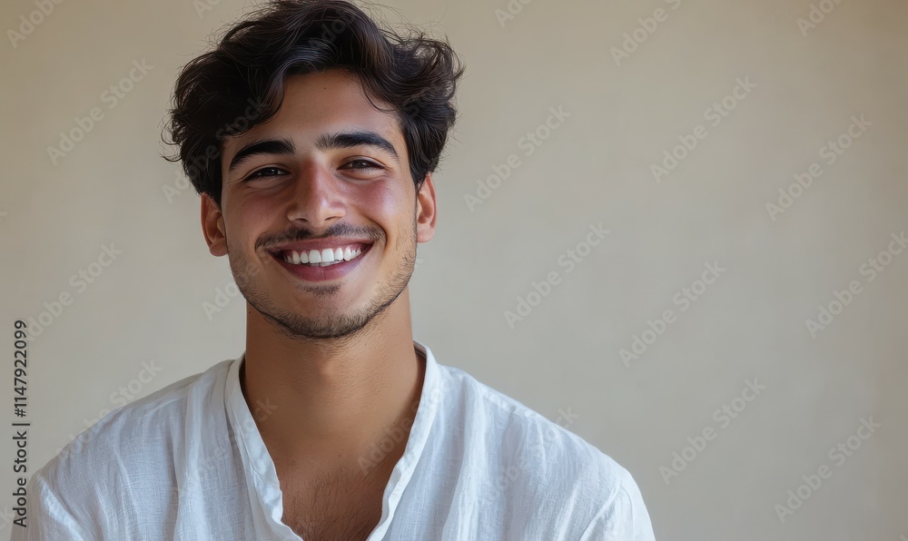 Obraz premium A cheerful young man wearing a white shirt smiles brightly against a neutral background, embodying happiness and positivity. The image portrays an atmosphere of warmth and confidence