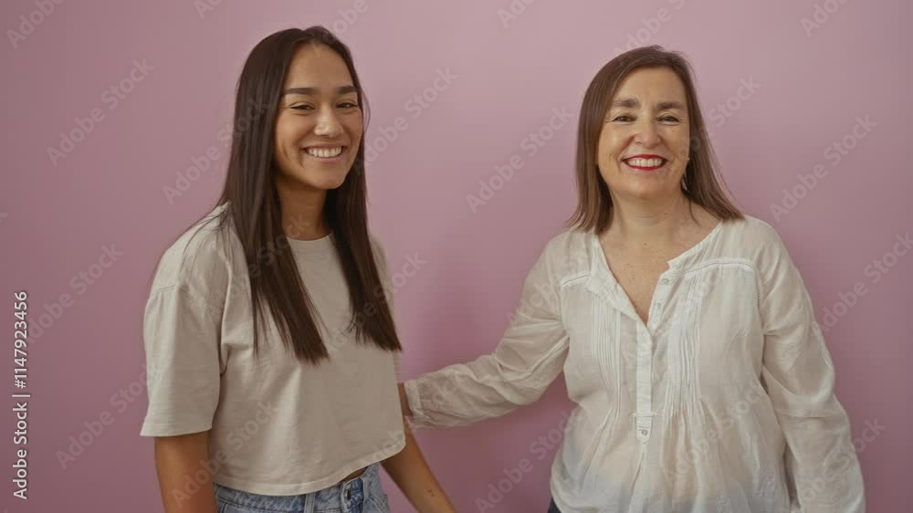 Mother and daughter happily high-fiving each other against a pink wall showcasing family love and bonding between women in casual attire Mother and daughter happily high-fiving each other against a pink wall showcasing family love and bonding between women in casual attire