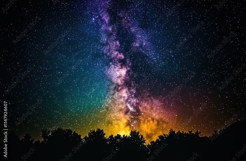 Vibrant Milky Way Galaxy over Silhouetted Trees Vibrant Milky Way Galaxy over Silhouetted Trees