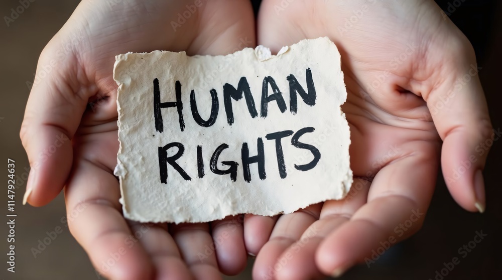 hands holding a paper with a word human rights hands holding a paper with a word human rights