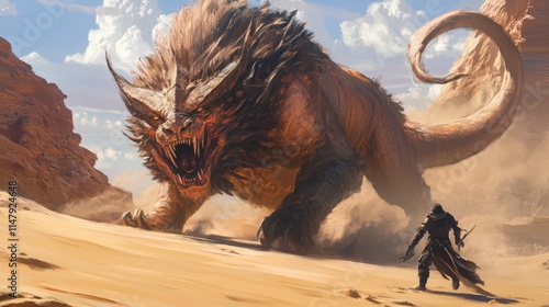 Desert Warrior Faces Imposing Sand Dragon Beast photo