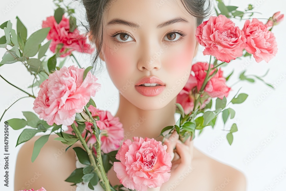 A beautiful woman holding carnations in her hands, photographed for a cosmetic brand's advertising banner A beautiful woman holding carnations in her hands, photographed for a cosmetic brand's advertising banner