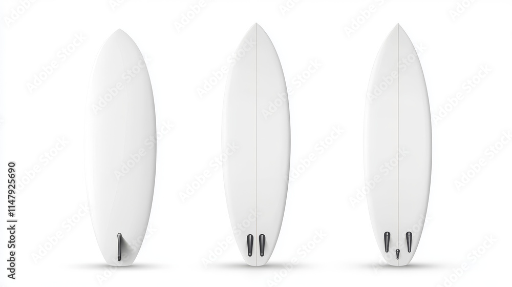 White surfboard front, side and back view. Vector realistic mockup of blank long board for summer beach activity, surfing on sea waves. Leisure sport equipment isolated on white background White surfboard front, side and back view. Vector realistic mockup of blank long board for summer beach activity, surfing on sea waves. Leisure sport equipment isolated on white background