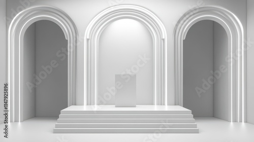 Minimalist White Stage with Archways and Platform