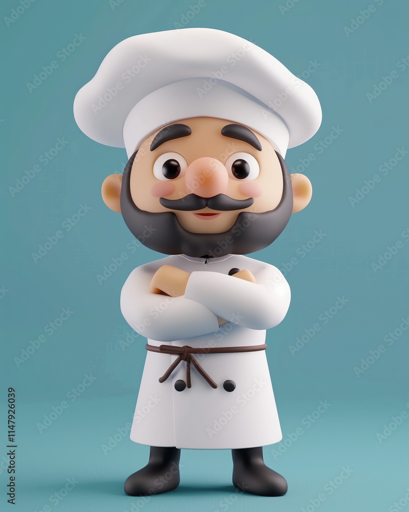 Charming 3D Chef Illustration with Beard and Hat in White Uniform on Blue Background, Perfect for Culinary Themes and Cooking Posters. Charming 3D Chef Illustration with Beard and Hat in White Uniform on Blue Background, Perfect for Culinary Themes and Cooking Posters.