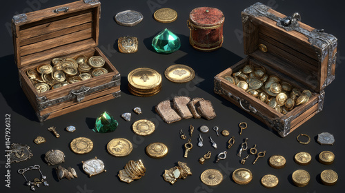 Collection of cartoon fantasy game objects of gold treasure chest with coins and gems, pile of royal jewelry, bag with wealth and closed wooden box. Pirate and adventure themed GUI bonus assets. photo