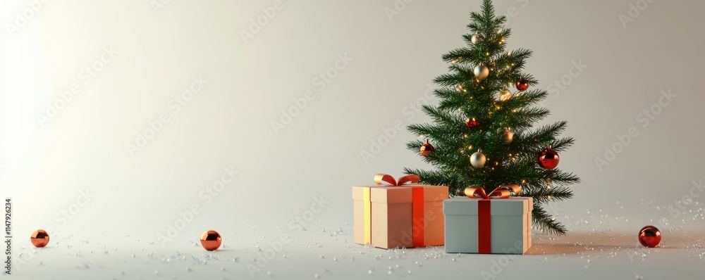 Christmas tree, gift box, and ornament on a light background Christmas tree, gift box, and ornament on a light background