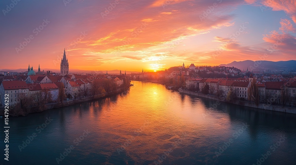 Aerial panorama shows a picturesque sunset over the Sava River in Zagreb, Croatia. Aerial panorama shows a picturesque sunset over the Sava River in Zagreb, Croatia.