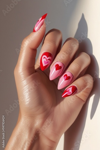 Valentine Nail art manicure. Valentines Day Holiday style bright Manicure with painted hearts