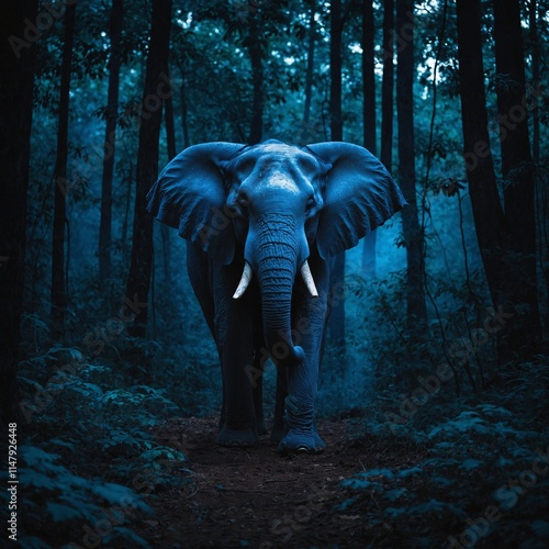 An ethereal glowing blue and white outline of an elephant in a dark forest. photo