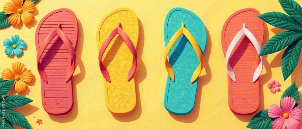 Fototapeta premium Summer Flip Flops Flat Design, Summer Vibes, Tropical Mood, Minimalist Illustration