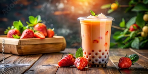 Surreal Bubble Tea Mockup, Strawberry Orange Drink, Branding Sticker photo