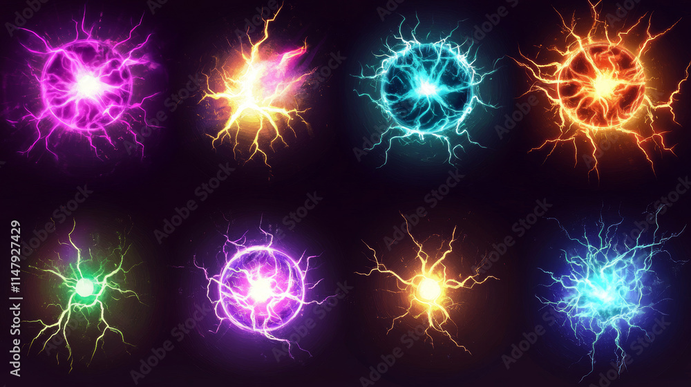 Cartoon set of red lightning strike effect isolated on black background. Vector illustration of magic power blast, laser weapon shot, electric discharge, energy flash, alien attack design element Cartoon set of red lightning strike effect isolated on black background. Vector illustration of magic power blast, laser weapon shot, electric discharge, energy flash, alien attack design element