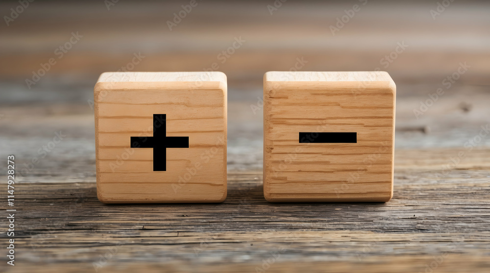 Wooden blocks representing plus and minus signs on a rustic table. Wooden blocks representing plus and minus signs on a rustic table.