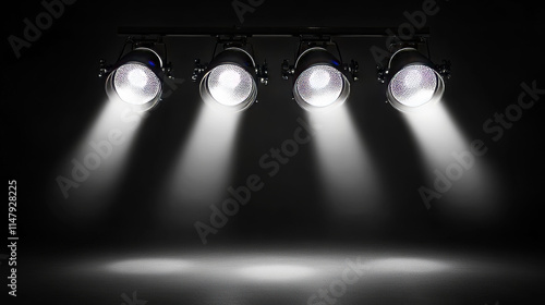 Professional stage spotlights with various beam configurations. Realistic 3d vector focused illumination patterns. Different mounting angles setup for performances and concerts lighting effects. photo