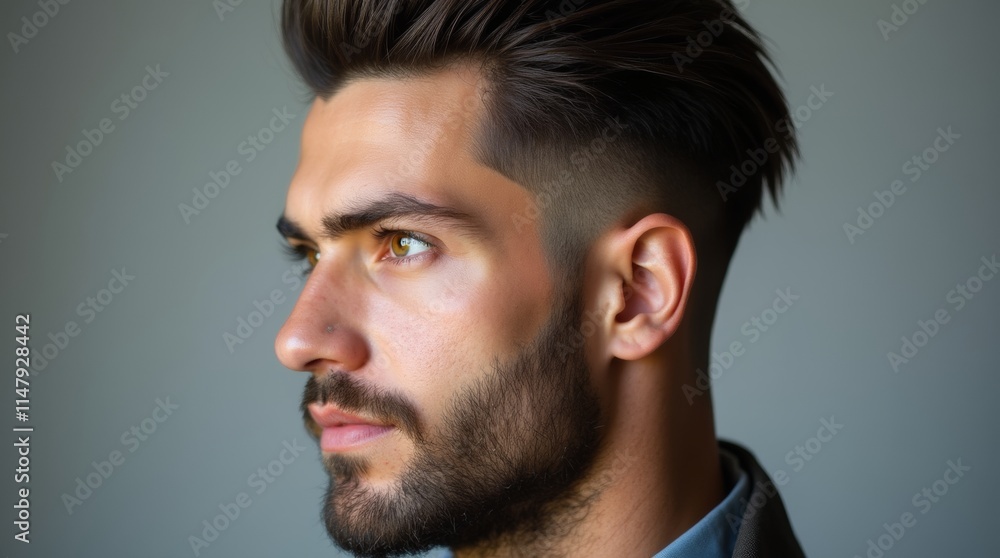Fototapeta premium A close-up side view of an attractive man with dark hair and a well-groomed beard, showcasing his sleek high-fade haircut and strong jawline, emphasizing his stylish appearance