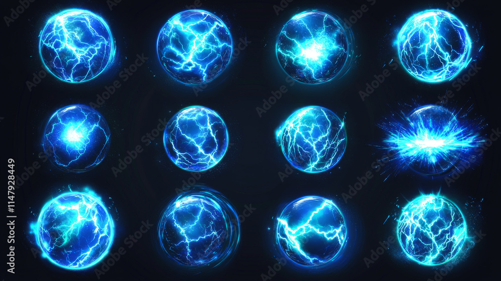 Electric ball, round lightning, blue thunderbolt circles of small, medium and large size. Magic energy strike, plasma sphere, powerful electrical isolated discharge dazzle, Realistic 3d vector set Electric ball, round lightning, blue thunderbolt circles of small, medium and large size. Magic energy strike, plasma sphere, powerful electrical isolated discharge dazzle, Realistic 3d vector set