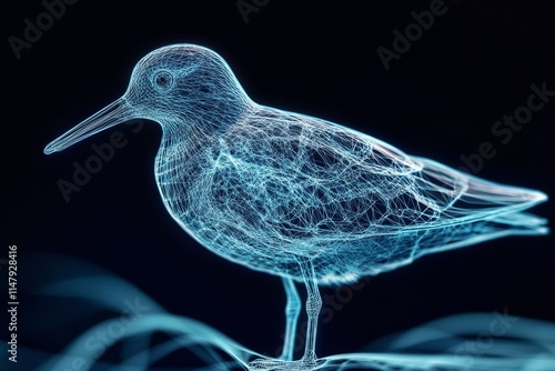 A digital wireframe of a bird illuminated in neon blue, set against a black background, highlighting the intersection of art and technology. photo