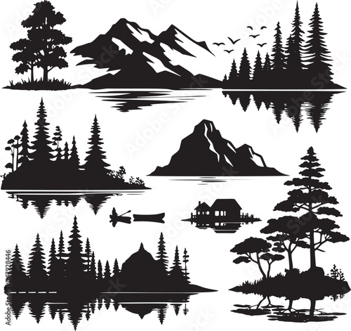 Black silhouettes of nature scenes.