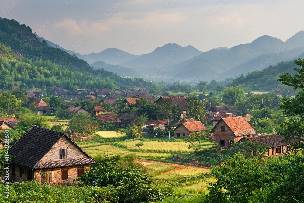 Obraz premium Scenic village nestled in a verdant valley, surrounded by majestic mountains under a soft sky.