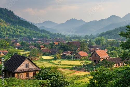 Wallpaper Mural Scenic village nestled in a verdant valley, surrounded by majestic mountains under a soft sky. Torontodigital.ca