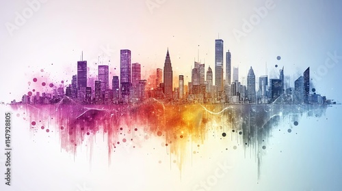 Abstract dots and smart cities are connected by gradient lines and aesthetics. complex wave line  #1147928805