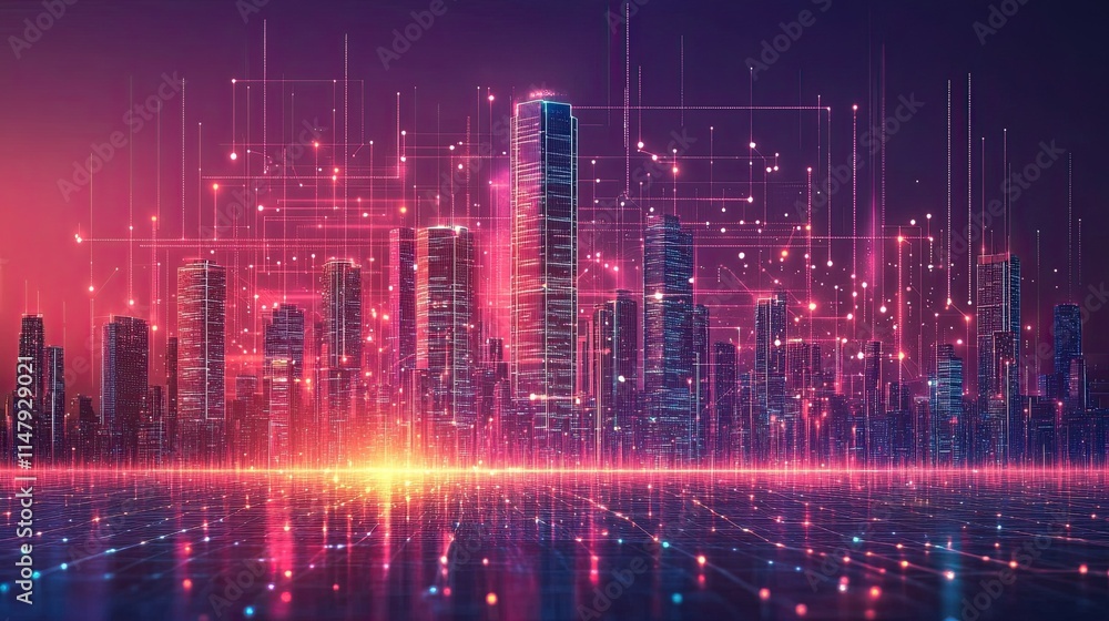 Abstract dots and smart cities are connected by gradient lines and aesthetics. complex wave line Abstract dots and smart cities are connected by gradient lines and aesthetics. complex wave line