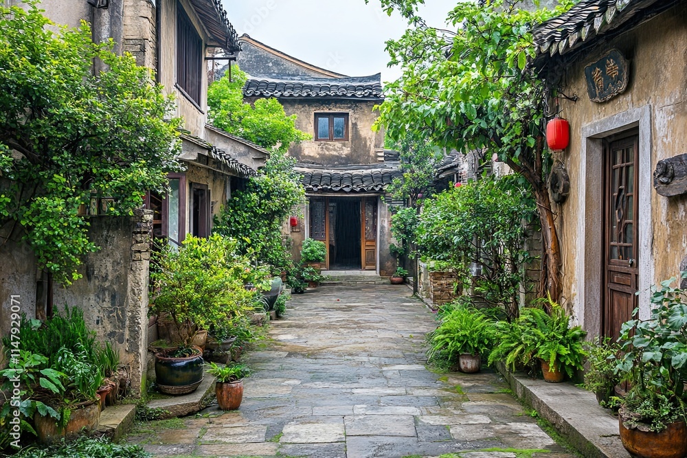 Fototapeta premium Serene stone pathway in a traditional Asian courtyard, lined with lush greenery and aged buildings.