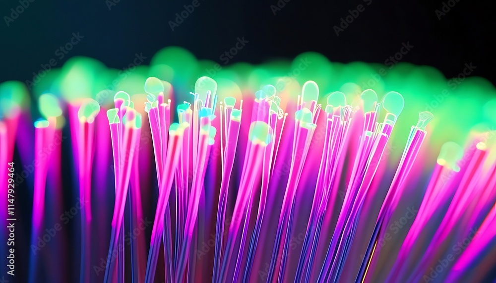 Close-up of vibrant, glowing fiber optic strands, creating a colorful, abstract pattern. Close-up of vibrant, glowing fiber optic strands, creating a colorful, abstract pattern.
