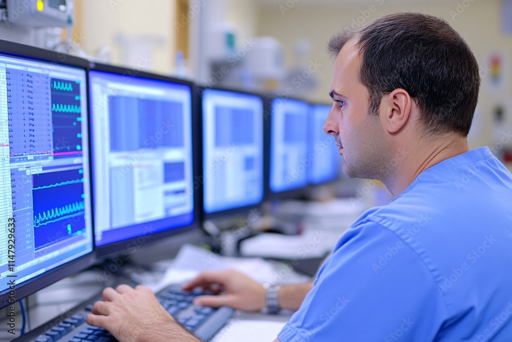 A healthcare professional analyzes data on multiple screens, showcasing advanced technology in a medical environment. A healthcare professional analyzes data on multiple screens, showcasing advanced technology in a medical environment.