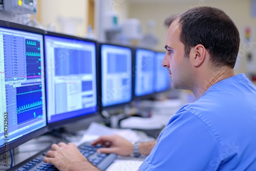 A healthcare professional analyzes data on multiple screens, showcasing advanced technology in a medical environment.