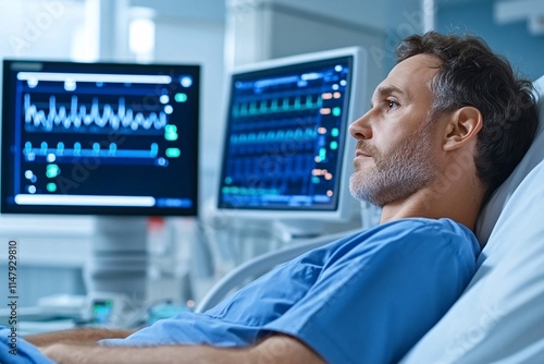 A patient in a hospital bed looks contemplative while monitoring vital signs on nearby screens, emphasizing the seriousness of his condition.