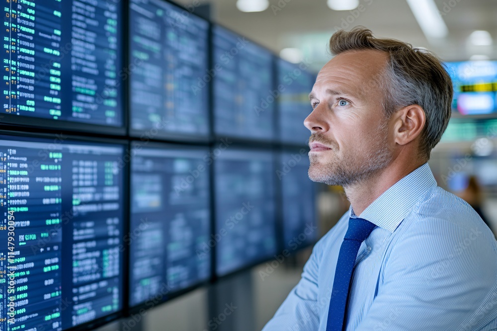 A focused man observes financial data on multiple screens, suggesting a high-stakes trading environment. A focused man observes financial data on multiple screens, suggesting a high-stakes trading environment.