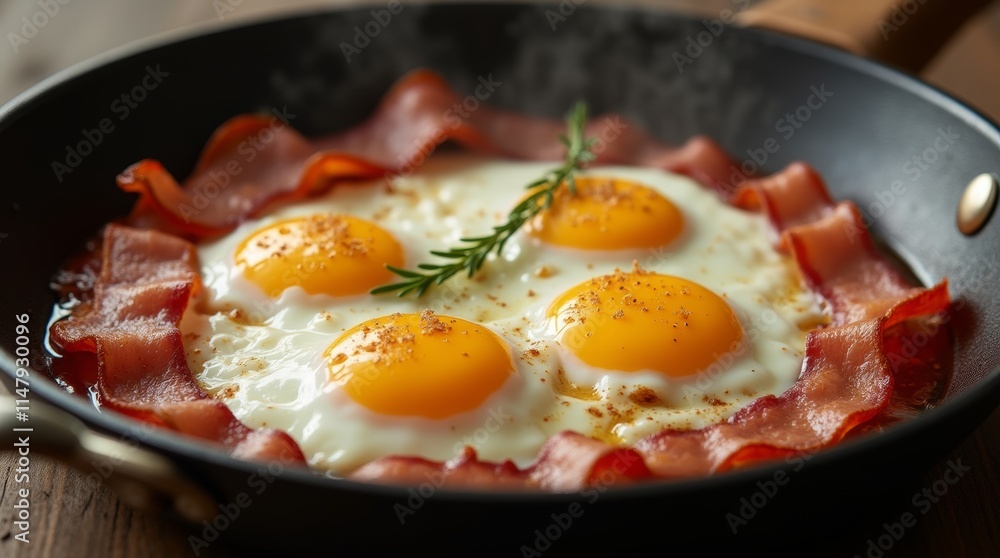 A photorealistic image of a skillet with sizzling eggs and bacon, capturing the texture and aroma of the dish. Great for marketing breakfast items and promoting hearty meal options. A photorealistic image of a skillet with sizzling eggs and bacon, capturing the texture and aroma of the dish. Great for marketing breakfast items and promoting hearty meal options.