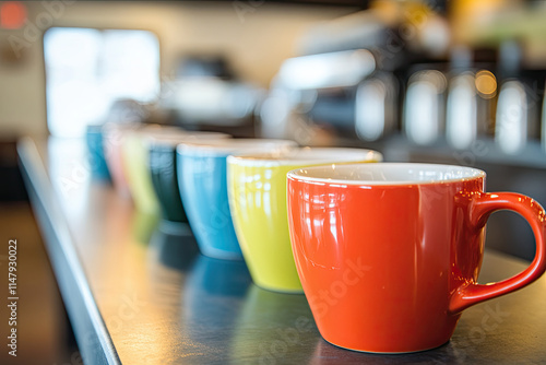 Row of coffee mugs ready for customers at a breakfast bar photo