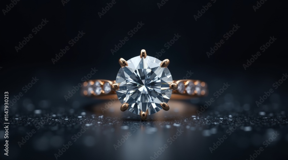 A photorealistic image of an engagement ring with a brilliant diamond, set against a dark background to enhance its shine and allure. A photorealistic image of an engagement ring with a brilliant diamond, set against a dark background to enhance its shine and allure.
