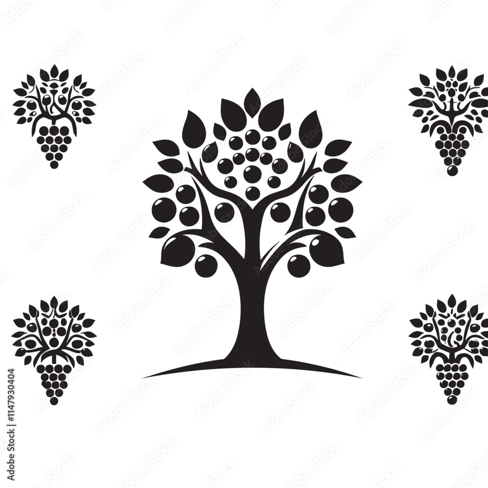 Obraz premium Black stylized fruit tree and grapes.