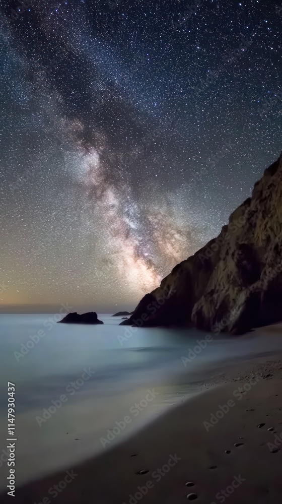 Fototapeta premium Milky Way Galaxy Over Coastal Cliffs And Ocean Beach